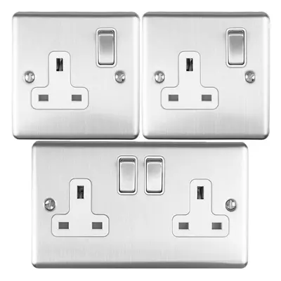 UK Plug Socket Pack -1x Twin & 2x Single Gang- SATIN STEEL / Grey 13A Switched