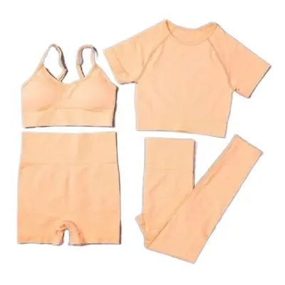 (Orange, L) Women Seamless Yoga Set Short Sleeve Crop Top High Waist Sport Leggings Suit Pack