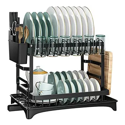 Dish Drying Rack with Drip Tray, Tier Compact Dish Drainer Rack, Plate Drying Rack with Cutlery 