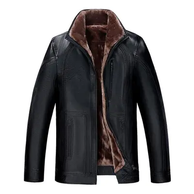 (black, XL) Men&apos;s Winter Leather Coat Middle-aged And Elderly Men&apos;s Fur Integrated Fle