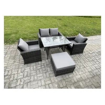 Fimous Outdoor Garden Furniture High Back Rattan Sofa Dining Table Set with Big Footstool