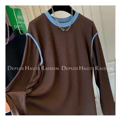 (Coffee, XXXL) Oversized Patchwork Bottoming Shirt Women Clothes Simplicity O-neck Long Sleeve I