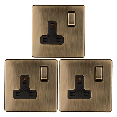 3 PACK Gang DP 13A Switched UK Plug Socket SCREWLESS ANTIQUE BRASS Wall Power