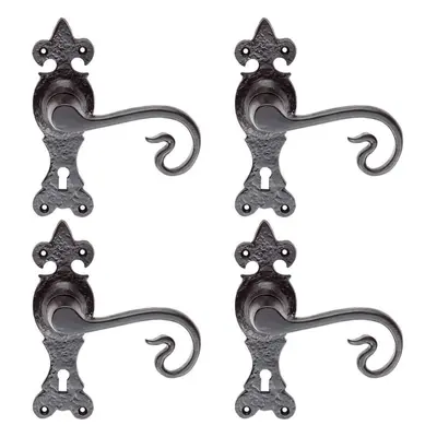 4x PAIR Forged Curled Lever Handle on Lock Backplate x 51mm Black Antique