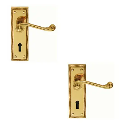 2x PAIR Reeded Design Scroll Handle on Lock Backplate x 48mm Polished Brass