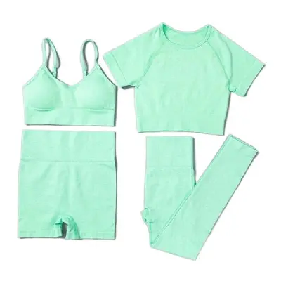 (Green, S) Women Seamless Yoga Set Short Sleeve Crop Top High Waist Sport Leggings Suit Pack