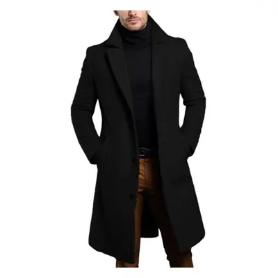 (black, M) Men Solid Color Woolen Coat Autumn Winter Mid-length Windbreaker With Pockets Lapel L