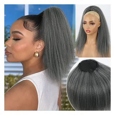 LEOSA Salt and Pepper Drawstring Ponytail for Black Women Gray Ponytail Extension Short Kinky St