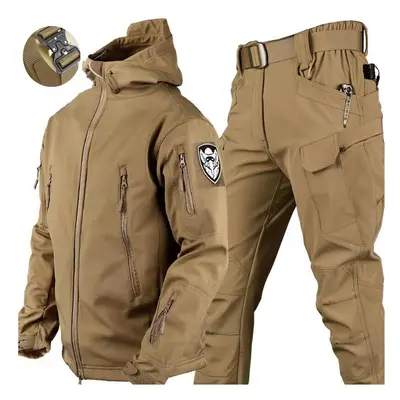 (Khaki Suit X7, 75-85kg) Waterproof Hiking Tracksuit Set for Men Sharkskin Army Jackets Camping 