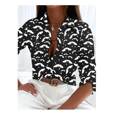 (B25SLTHN233112D, L) Boutique Pattern Printed Button Long Sleeve Women's Shirt Vintage Elegant O