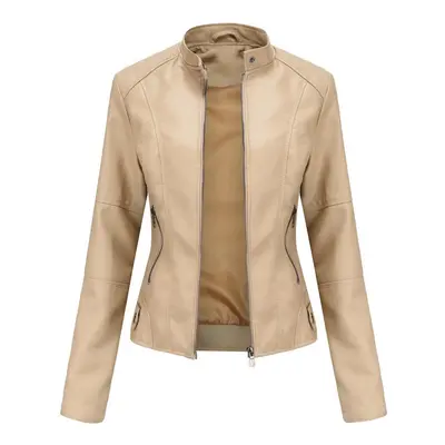 (apricot, 4XL) Women&apos;s Slim Fit Spring Autumn Solid Color Long Sleeve Stand Collar Leather 