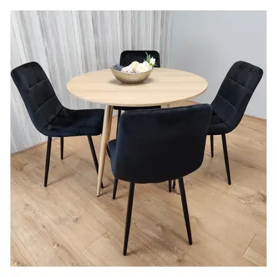 Round Oak Effect Dining Table With Black Velvet Tufted Chairs Set