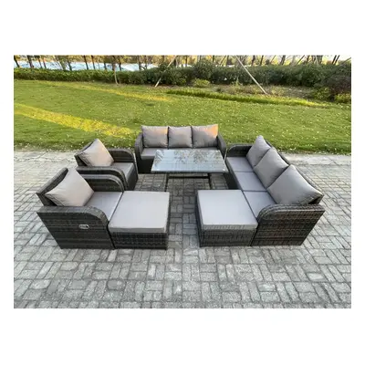 Fimous Rattan Garden Furniture Dining Set seater Patio Rectangular Table Big Footstool Dark Grey