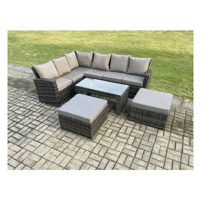 Fimous Outdoor Furniture Garden Dining Set Rattan Corner Sofa Set with Big Footstool Dark Grey M