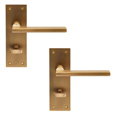 2x PAIR Straight Bar Handle on Slim Bathroom Backplate x 50mm Antique Brass