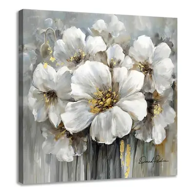 Flower Picture Decor Wall Art Abstract White and Grey Blooming Floral with Gold for Bedroom Livi