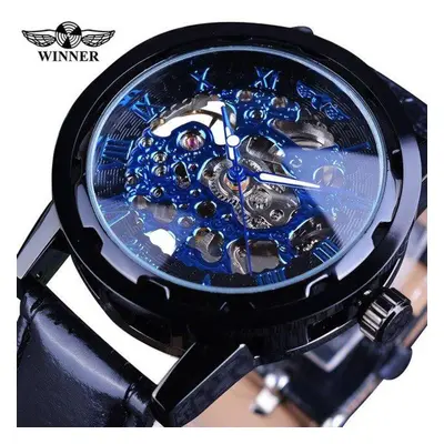 (blue) T-winner Men Relogios Skeleton Watches Brand Luxury Leather Strip Wrist Watch Men Mechani