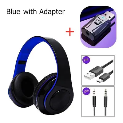 (Blue with adaptor) Noise Cancelling Wireless Headphones With Mic Foldable Bluetooth Headset