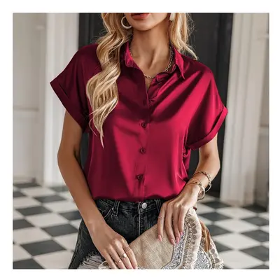 (Red, M) Summer Satin Silk Shirts Loose Fashion Women Short Sleeve Tops Mujer Buttons Office Lad