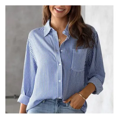 (blue, XL) Loose Striped Women's Top, Elegant Long Sleeved Lapel Top, Oversized Cotton Casual To