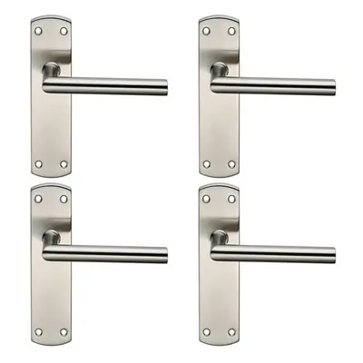 4x Mitred Lever Door Handle on Latch Backplate x 44mm Satin Steel