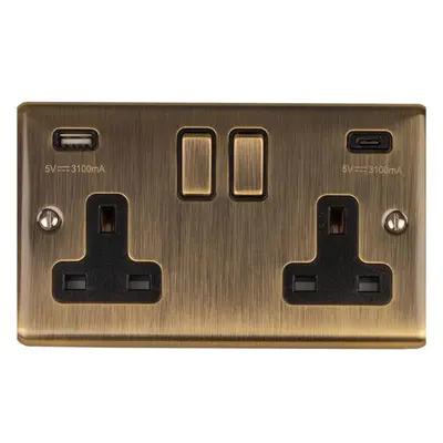 2 Gang Double UK Plug Socket & Dual 3.1A USB-C USB-A ANTIQUE BRASS 13A Switched