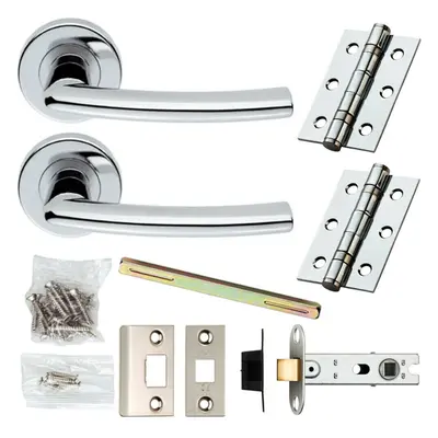 Door Handle & Latch Pack Chrome Modern Curved Slim Bar on Screwless Round Rose