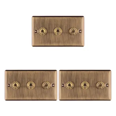 3 PACK Gang Triple Retro Toggle Light Switch ANTIQUE BRASS 10A Way Plate