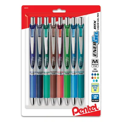 Pentel EnerGel RTX Retractable Liquid Gel Pen (0.7mm) Metal Tip Medium Line assorted Ink 8-Pk (B