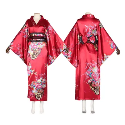 (Red, XL) Traditional Japanese Kimono Cosplay Costume Women's Yukata Set for Anime, Stage Perfor