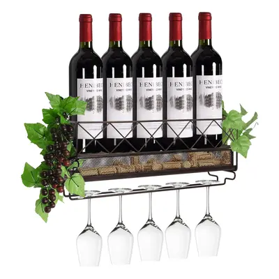 Wall Mounted Wine Rack with Glass Holder Metal Wine Shelf Champagne Bottle Holder Hanging Rustic