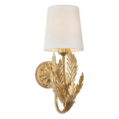 Ornate Gold Wall Light Fitting & Ivory Cotton Shade Decorative Leaf Design