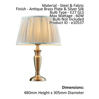 Table Lamp Antique Brass & Silver Silk 60W E27 GLS Base & Shade e10245