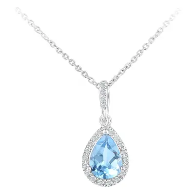 Jewelco London 9ct White Gold Round 8pts Diamond Pear 0.8ct Blue Topaz Teardrop Pendant Necklace