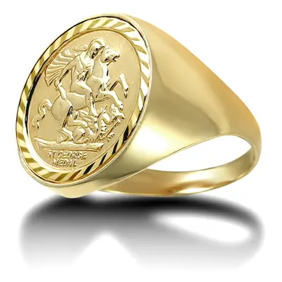 (P) Jewelco London Men's Solid 9ct Gold Domed Polished St George & Dragon Medallion Ring (Half S