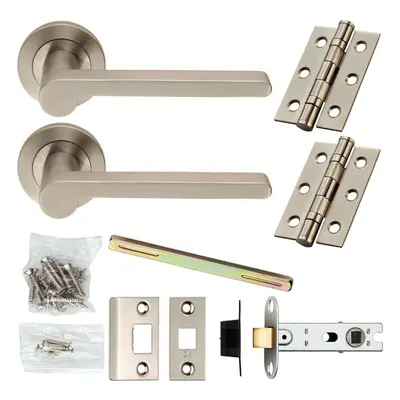 Door Handle & Latch Pack Satin Steel Modern Flat Lever Screwless Round Rose