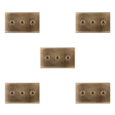 5 PACK Gang Triple Retro Toggle Light Switch SCREWLESS ANTIQUE BRASS 10A Way