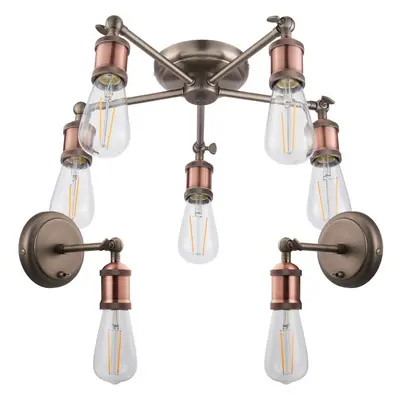 5 Lamp Ceiling Pendant & 2x Matching Wall Light Pack Tarnished Aged Copper Kit