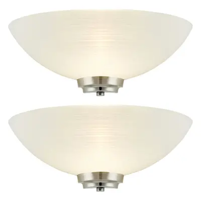 2 PACK Dimmable LED Wall Light Satin Chrome White Line Pattern Glass Shade Lamp