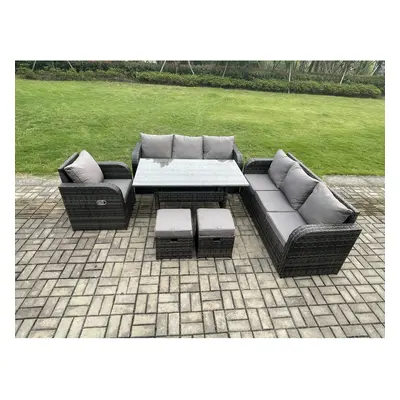 Fimous Seater Lounge Rattan Sofa Set Outdoor Garden Furniture Oblong Rectangular Dining Table Wi