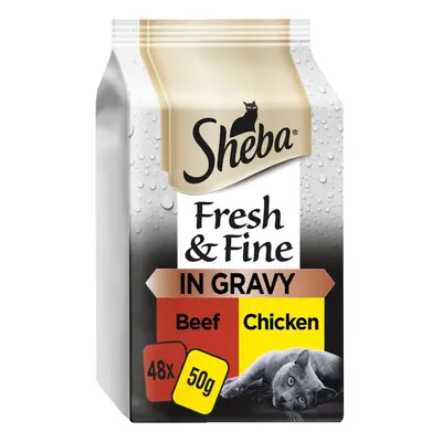 48 x 50g Sheba Fresh & Fine Adult Wet Cat Food Pouches Beef & Chicken in Gravy