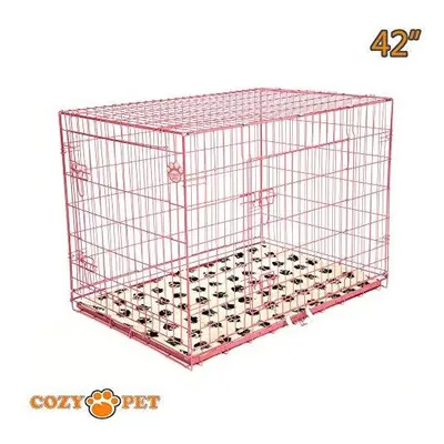 Dog Cage inch Pink Puppy Crate with Vet Bed Cozy Pet Crates Folding Metal