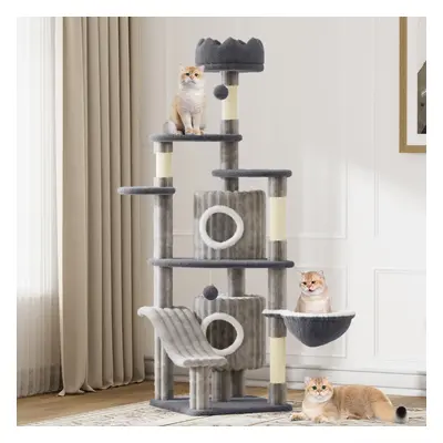 (Light Grey) 7-Layer Indoor Castle Cat Tree 162cm Velvet Fabric Equipped with Cat Scratching Pos