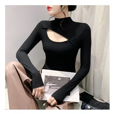 (black, S) #8098 Black Red Long Sleeve T Shirt Women Hollow Out Sexy Tight T-shirt Female Slim S