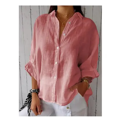 (Pink, S) Cotton and line back lace up shirt blouse women fashion pure color long sleeve shirts 