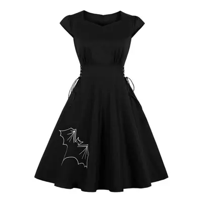 (black,white, S) Black Halloween Dress For Women Hepburn Style Embroidered Spider Bat Midi Short