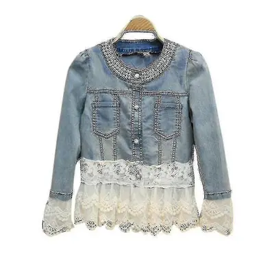 (L) Plus Size Women Retro Denim Jacket Lace Pearls Casual Jean Coat