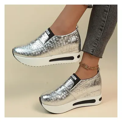 (silver, 35) Silver Pu Leather Platform Sneakers Women Casual Non-slip Thick Sole Sports Shoes W