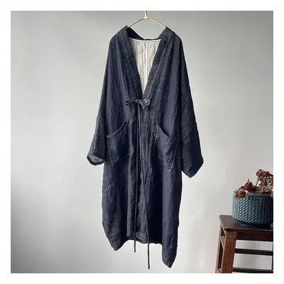 (navy blue, One Size) Johnature Women Vintage Linen Autumn Trench Solid Color Coats Belt Patchwo