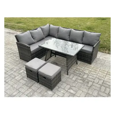 Fimous Wicker Rattan Garden Furniture Corner Sofa Set with Oblong Dining Table Small Footstools 